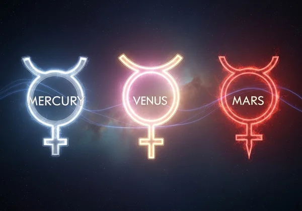 बुध, शुक्र और मंगल के ज्योतिषीय प्रतीक।