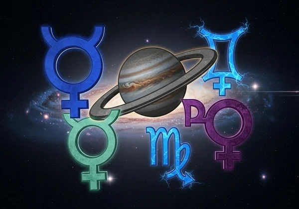 बाह्य ग्रहों, बृहस्पति से प्लूटो तक के ज्योतिषीय प्रतीक।