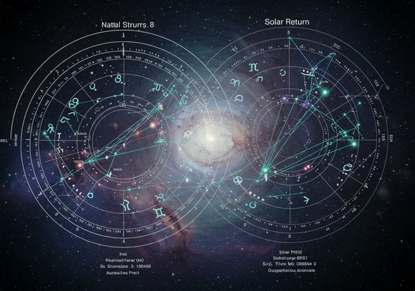 Two astrological charts overlaid, showing natal and solar return
