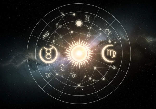 Symbolic representation of Sun, Moon, and Ascendant on a chart