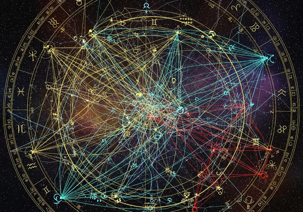 Astrological chart with lines showing major aspects