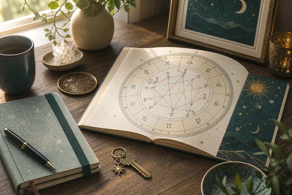 Solar return chart by a calm home desk
